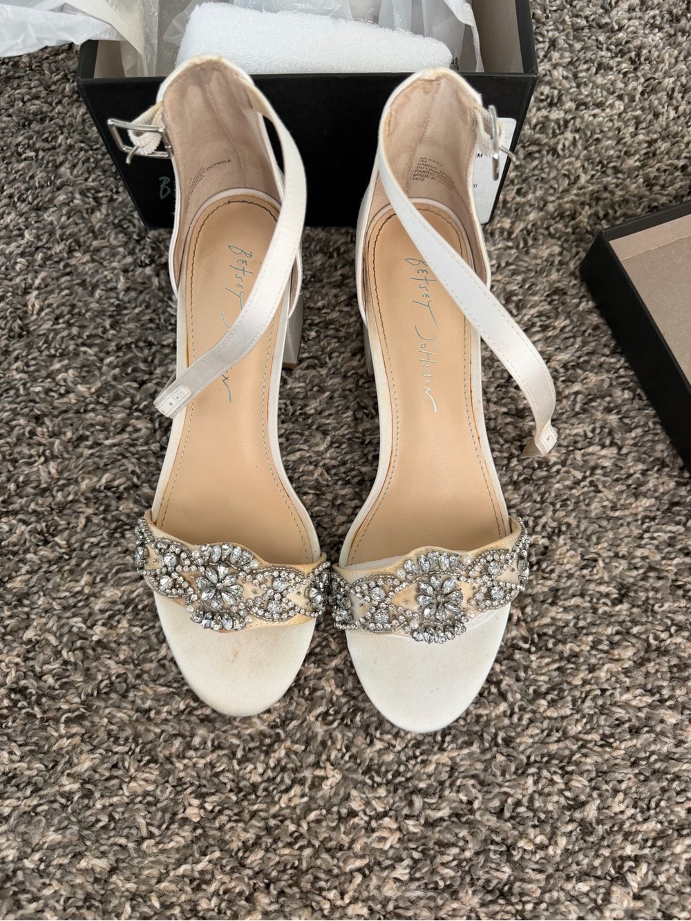 Betsey Johnson White Jeweled Ankle-Strap Block Heel